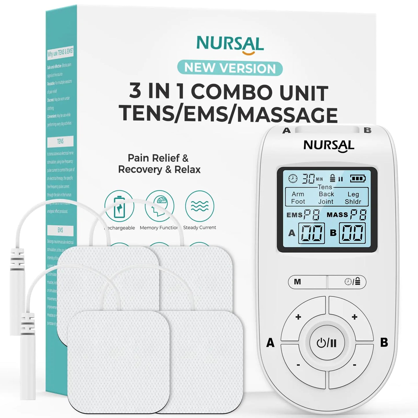 NURSAL 3-in-1 TENS EMS Muscle Stimulator – Dual Channel Pain Relief & Recovery